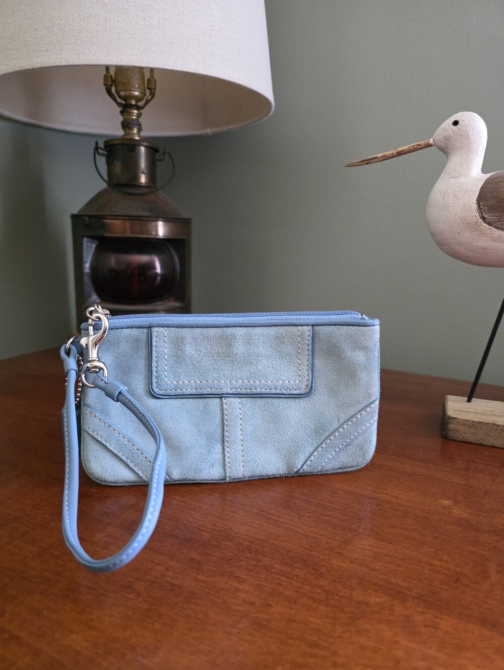 Coach Y2K Light Blue Suede Wristlet Pouch Zip Clutch Wallet